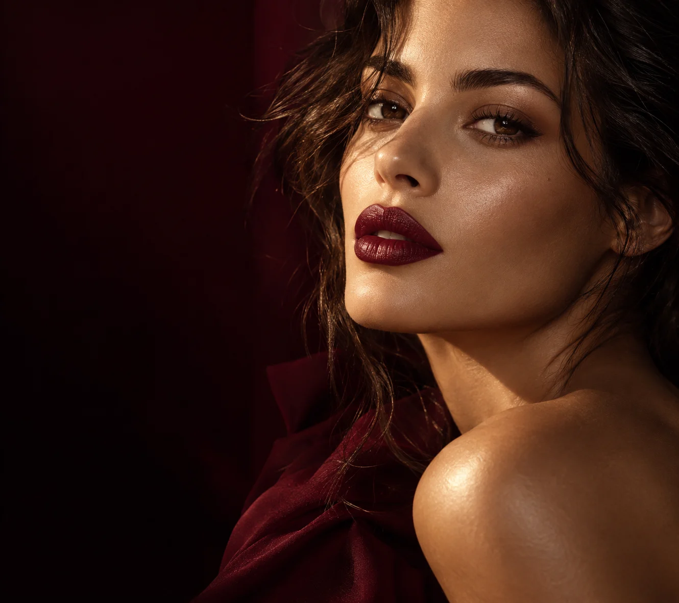Original editorial beauty portrait in warm light and deep plum tones